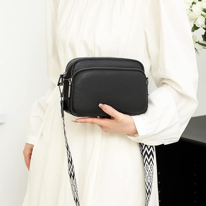 LOVVA PARIS™ Elegant Crossbody Bag – Stylish Black Leather Shoulder Bag with Geometric Strap