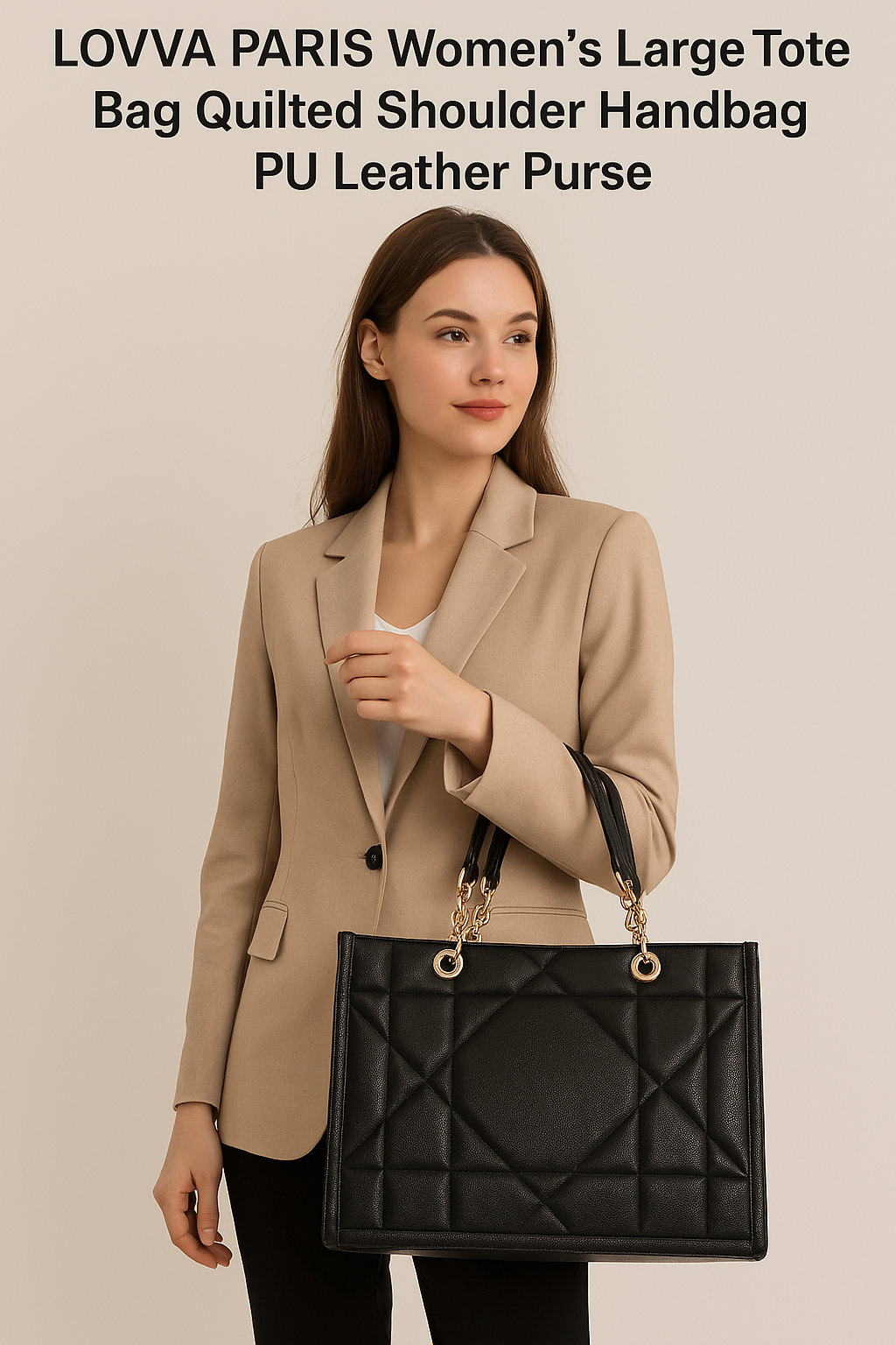 LOVVA PARIS™ Stylish Black Tote Bag for Women | Office Handbag with Gold Chain Straps | Large Shoulder Bag for Daily Use