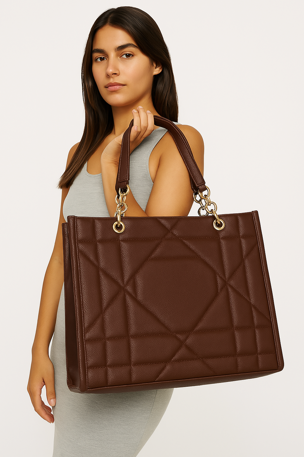 LOVVA PARIS™ Stylish Brown Tote Bag for Women | Office Handbag with Gold Chain Straps | Large Shoulder Bag for Daily Use