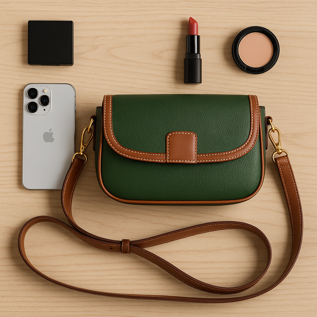 Forest Green & Tan Classic Faux Leather Crossbody Bag
