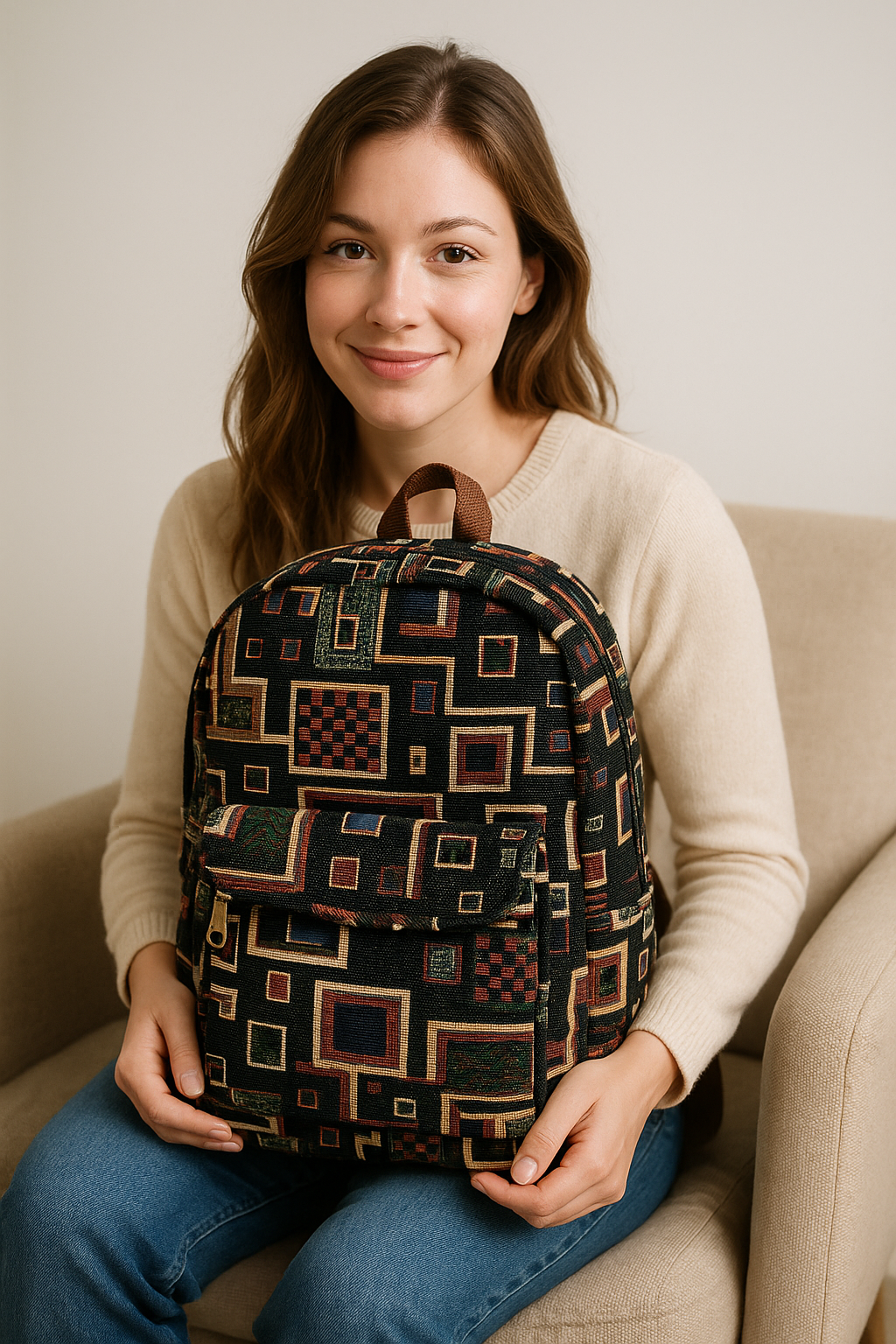 Vintage Geometric Tapestry Backpack – Boho Style with Artistic Flair