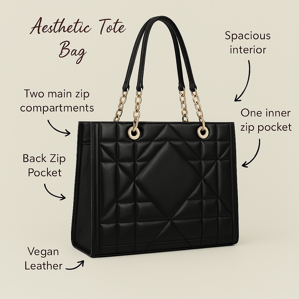 LOVVA PARIS™ Stylish Black Tote Bag for Women | Office Handbag with Gold Chain Straps | Large Shoulder Bag for Daily Use
