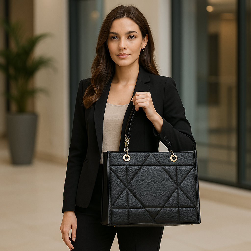 LOVVA PARIS™ Stylish Black Tote Bag for Women | Office Handbag with Gold Chain Straps | Large Shoulder Bag for Daily Use