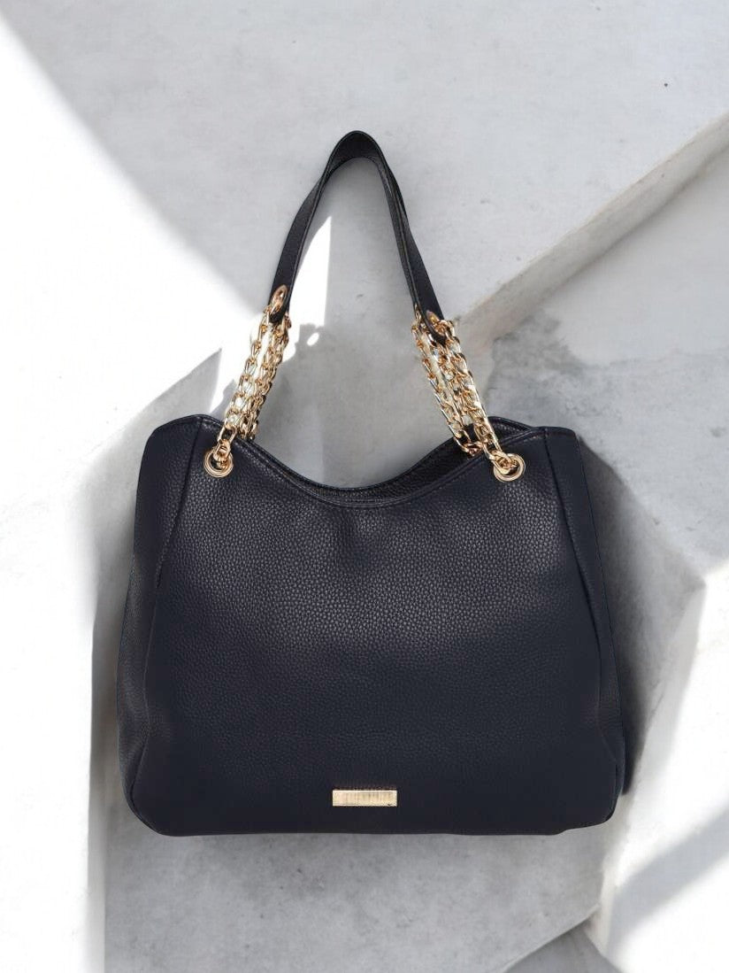 Lovva Paris Women's Elegant Black Tote Bag – Stylish Handbag with Gold Chain Straps for Everyday & Casual Outings