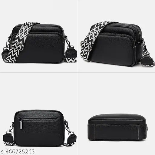 LOVVA PARIS™ Elegant Crossbody Bag – Stylish Black Leather Shoulder Bag with Geometric Strap