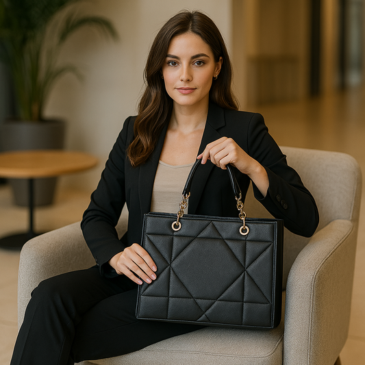 LOVVA PARIS™ Stylish Black Tote Bag for Women | Office Handbag with Gold Chain Straps | Large Shoulder Bag for Daily Use
