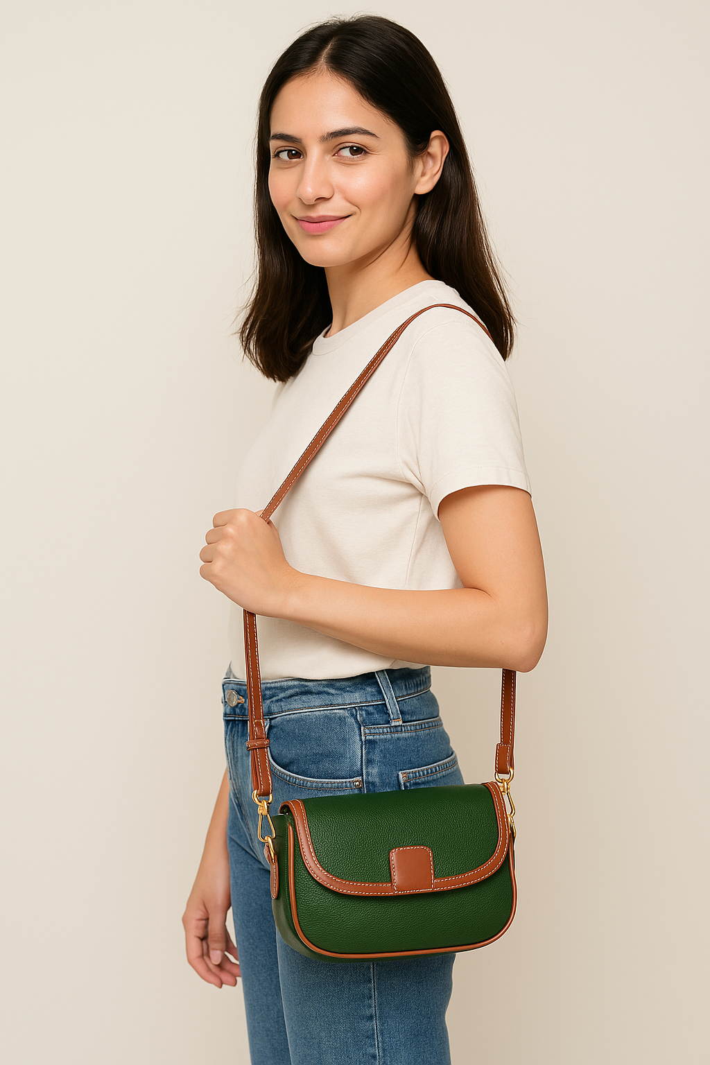 Forest Green & Tan Classic Faux Leather Crossbody Bag