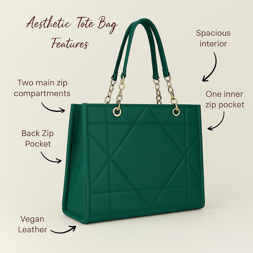 LOVVA PARIS™ Stylish Green Tote Bag for Women | Office Handbag with Gold Chain Straps | Large Shoulder Bag for Daily Use