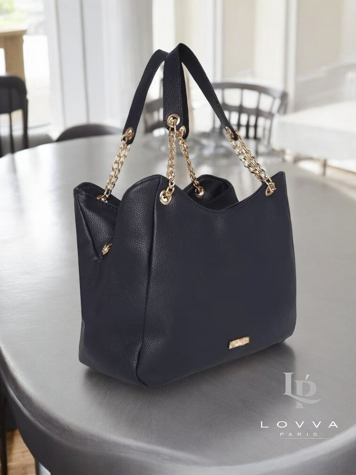 Lovva Paris Women's Elegant Black Tote Bag – Stylish Handbag with Gold Chain Straps for Everyday & Casual Outings